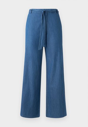 Wide-leg blue denim trousers with a tie belt at the waist, featuring a smooth texture and no visible patterns or hardware accents.