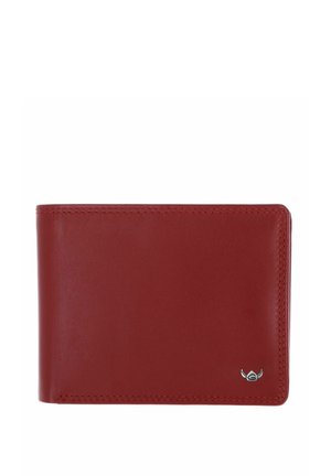 Portefeuille bifold en cuir rouge lisse avec coutures visibles et petit emblème argenté dans le coin inférieur droit.