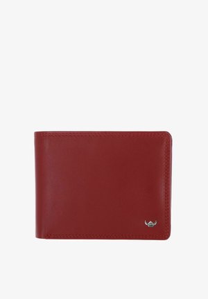 Portefeuille bifold en cuir rouge lisse avec coutures visibles et petit emblème argenté dans le coin inférieur droit.