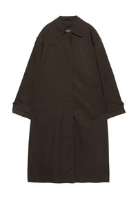 Mørkebrun lang trenchcoat med bred krave, knaplukning ved manchetter, skjult lukning foran og sidelommer, lagt fladt på hvid baggrund.