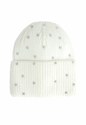 Berretto lavorato a maglia bianco con texture a coste, caratterizzato da brillanti in argento sparsi come decorazione. Orlo piegato alla base per un tocco di stile in più.