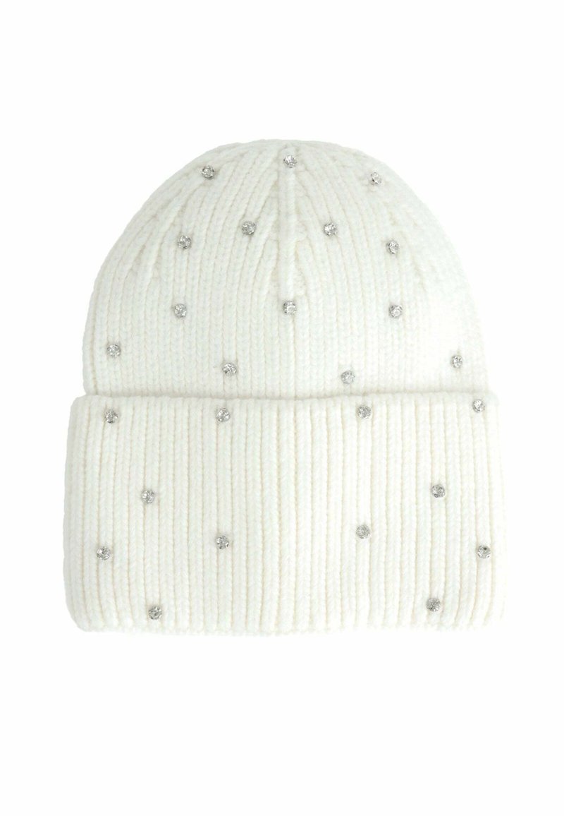 Berretto lavorato a maglia bianco con texture a coste, caratterizzato da brillanti in argento sparsi come decorazione. Orlo piegato alla base per un tocco di stile in più.