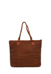 Brown woven leather tote bag with two long handles and a rectangular shape on a white background.