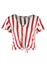 Červené a bílé pruhované tričko s krátkým rukávem, výstřihem do V, šesti knoflíky vpředu a zavázaným lemem v pase. Měkká tkanina s volným střihem.