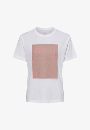 White cotton t-shirt featuring a rectangular graphic in beige and pink lines. Short sleeves, round neckline, relaxed fit. Brand name included.