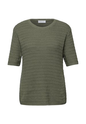 Kortærmet, olivengrøn strikket sweater med mønstret tekstur og rund halsudskæring, egnet til afslappet brug.