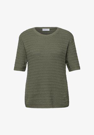 Gebreide trui met korte mouwen in olijfgroen, met een gestructureerd patroon en ronde hals, geschikt voor casual draagstijl.