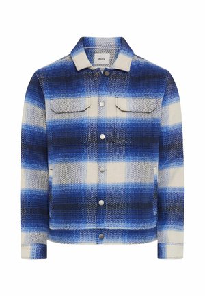 Blaue und weiße Flanelljacke mit einem Karomuster, ausgestattet mit zwei Brusttaschen und silbernen Druckknöpfen, aus weichem, strukturiertem Stoff gefertigt.
