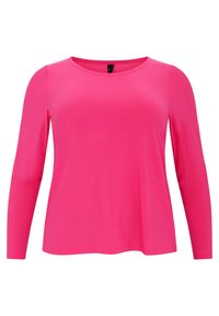 Langärmliges Oberteil in leuchtendem Pink, mit einem runden Halsausschnitt und einem glatten, elastischen Stoff. Schlichtes Design ohne Muster oder Akzente.