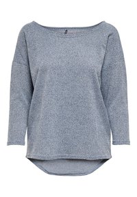 Vaaleansininen, neulottu pitkähihainen paita leveällä pääntiellä ja pyöreällä helmalla. Siinä on teksturoitu kuvio ja rento istuvuus.