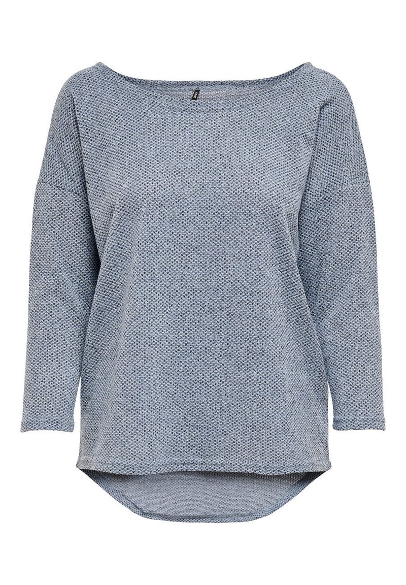 Vaaleansininen, neulottu pitkähihainen paita leveällä pääntiellä ja pyöreällä helmalla. Siinä on teksturoitu kuvio ja rento istuvuus.