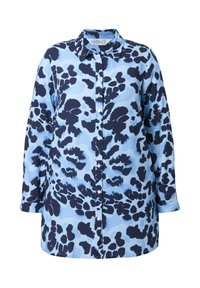 Lichtblauw overhemd met knoopsluiting, voorzien van een donkerblauw abstract bloemenpatroon, lange mouwen en een standaard kraag. Soepele stofstructuur.