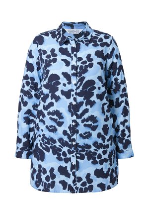 Camicia azzurra a maniche lunghe con motivo floreale astratto blu scuro, colletto standard. Tessuto morbido al tatto.