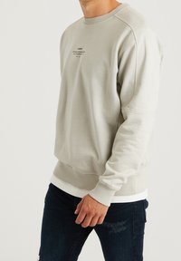 Sudadera gris claro con cuello redondo y puños de canalé. Presenta un logo impreso en la parte frontal; la tela parece suave con una textura lisa.