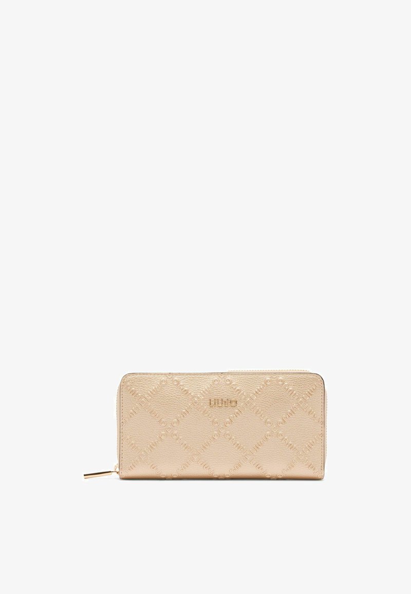 Gold faux leather wallet with embossed logo pattern, rectangular shape, zip closure, and a polished gold-tone zipper pull.