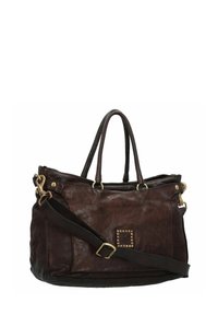 Borsa in pelle marrone scuro con doppie maniglie, tracolla rimovibile, hardware con finitura dorata e dettaglio quadrato con borchie sul davanti.
