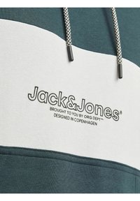 Grøn og hvid hættetrøje med snøre, prydet med sort branding. Blødt stof med kontrasterende farveblokdesign.
