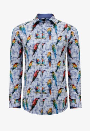 Langarmshirt van stof met een witte achtergrond en een kleurrijke vogelafdruk. Inclusief knopen en een puntige kraag.