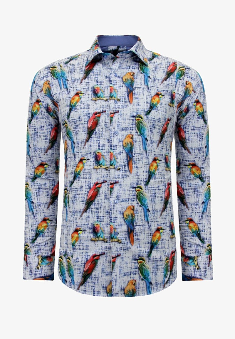 Langarmshirt van stof met een witte achtergrond en een kleurrijke vogelafdruk. Inclusief knopen en een puntige kraag.