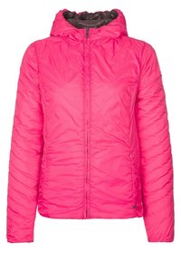Padded, hooded jacket in bright pink, featuring a zip front closure and textured surface. Interior lining in contrasting dark color.
