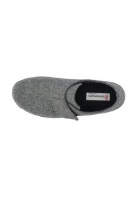 Gray felt slipper with a rounded toe, fold-over design at the front, and black interior lining. Features a logo on the insole.
