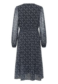 Rochie midi neagră cu mâneci lungi din material transparent, talie elastică și un model de frunze gri deschis pe întreaga suprafață.