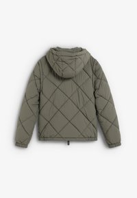 Geacă puffer cu captuseală kaki, cu glugă, având un model în diamante, manșete elastice și margine cu șnur. Textură netedă.