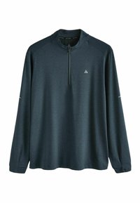 Dunkelblau-grünes Langarm-Athletikshirt mit einem Viertelreißverschluss-Kragen, strukturiertem Stoff, Logodetail auf der Brust und den Ärmeln sowie enganliegenden Bündchen.
