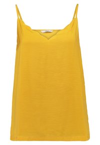 Top sin mangas amarillo con tirantes finos, que presenta un escote en V y una tela suave y ligera. Diseño simple y sin adornos.
