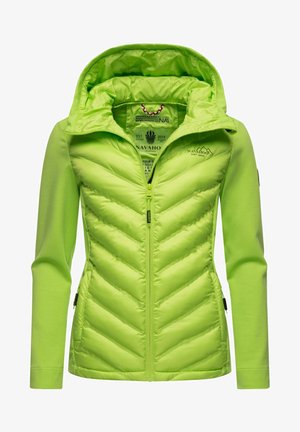 Lime green hooded jacket with a quilted front, smooth sleeves, and a full zipper. Features chevron pattern and branded label inside.