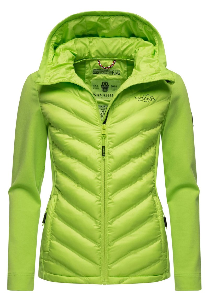 Lime green hooded jacket with a quilted front, smooth sleeves, and a full zipper. Features chevron pattern and branded label inside.