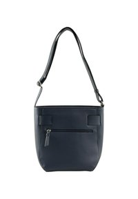 Borsa a spalla sintetica di un blu scuro, con un design piatto, dotata di una tasca frontale con zip e due dettagli laterali. Tracolla regolabile per una maggiore versatilità.