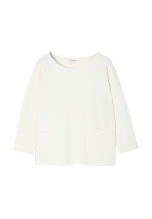 Balta megzta palaidinė su trimis ketvirtadaliais rankovėmis, apvaliu iškirpimu ir dviem priekinėmis kišenėmis; lygi tekstūra ir laisvas modelis.