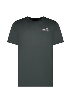 Donkergroen katoenen T-shirt met korte mouwen, ronde hals en witte opdruk "BETTER DAYS DAILY" op de linkerborst. Gladde textuur.