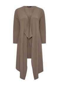 Lång, öppen cardigan i en ljusbrun ribbad textur. Har långa ärmar och en flödande design, perfekt för lager-på-lager.