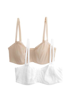 To dame-bh'er, den ene i beige glat stof og den anden i hvid blonde, begge med justerbare skulderstropper, vist på en hvid baggrund.