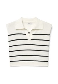 Strick-ärmelloses Poloshirt in Creme mit schwarzen Querstreifen. Mit klassischem Kragen und V-Ausschnitt gestaltet.