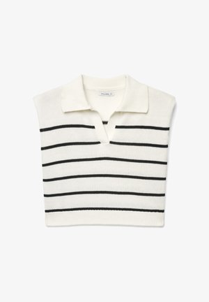 Strick-ärmelloses Poloshirt in Creme mit schwarzen Querstreifen. Mit klassischem Kragen und V-Ausschnitt gestaltet.