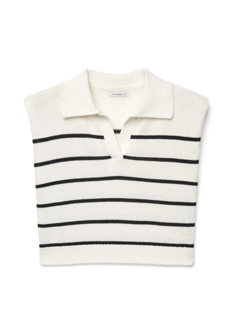Strick-ärmelloses Poloshirt in Creme mit schwarzen Querstreifen. Mit klassischem Kragen und V-Ausschnitt gestaltet.