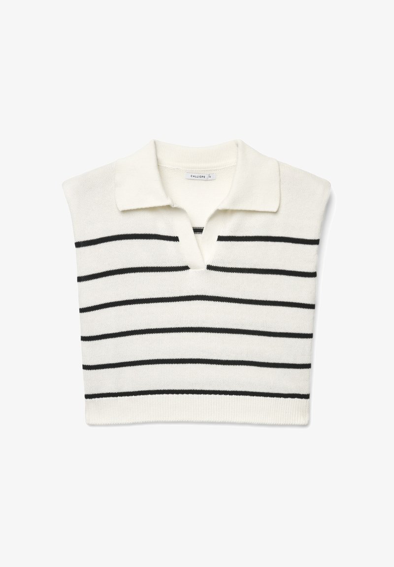 Strick-ärmelloses Poloshirt in Creme mit schwarzen Querstreifen. Mit klassischem Kragen und V-Ausschnitt gestaltet.