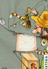 Vaaleanvihreä kangas, jossa on piirros miehestä, jolla on silmälasit, ja kissasta, maalaustelineestä sekä värikästä papukaijadesignia puulaatikossa.