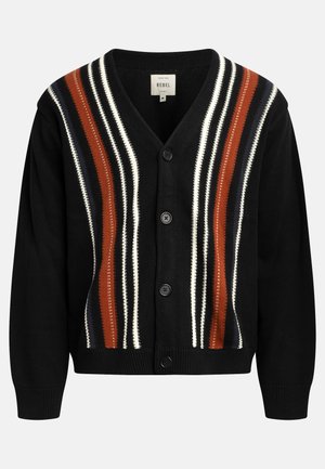 Cardigan nero con scollo a V, cinque bottoni e audaci strisce verticali in rosso, bianco e blu navy. Tessuto a maglia con polsini e orlo a coste.