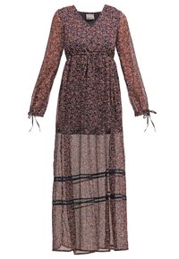 Robe longue fluide à fleurs avec col en V, manches longues nouées aux poignets, cordon à la taille et bandes de dentelle noire près de l'ourlet.