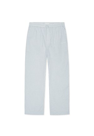 Φαρδιά, ίσια παντελόνια πιτζάμας με ανοιχτό μπλε ριγέ μοτίβο, κατασκευασμένα από μαλακό ύφασμα, με ελαστική μέση και κορδόνι σύνδεσης.