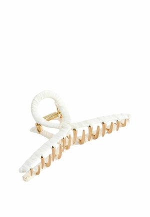 White hair claw made of plastic with a textured, woven finish. Features gold-tone metal hardware and a looped design for secure hold.