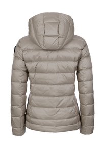 Gepolsterte Jacke in hellem Beige mit Kapuze, mit horizontalem Steppmuster, elastischen Bündchen und strukturierter Oberfläche für Isolierung.