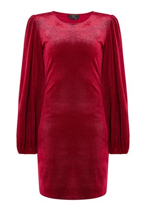 Rotes Samtkleid, taillierte Silhouette, runder Ausschnitt, lange Puffärmel, dezenter Glanz, glatte Textur, knielanges Design.
