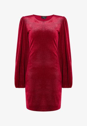Rotes Samtkleid, taillierte Silhouette, runder Ausschnitt, lange Puffärmel, dezenter Glanz, glatte Textur, knielanges Design.