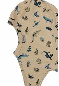 Vaaleanbeige vauvan haalari, joka on valmistettu pehmeästä kankaasta, sisältäen erilaisia värikkäitä lisko- ja sammakko-printtejä. Haalarissa on lyhyet hihat ja pyöreä pääntie.