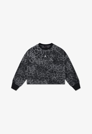 Oříznutá mikina v černém a šedém leopardím vzoru, s dlouhými rukávy a černými manžetami. Ikonické logo Jordan v bílé barvě na hrudi.